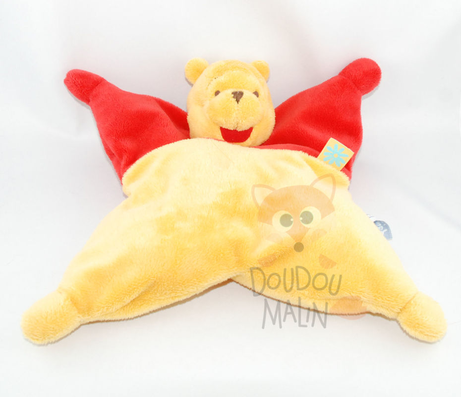 Disney Doudou Winnie L ourson Jaune Rouge Semi Plat Etiquette Fleur